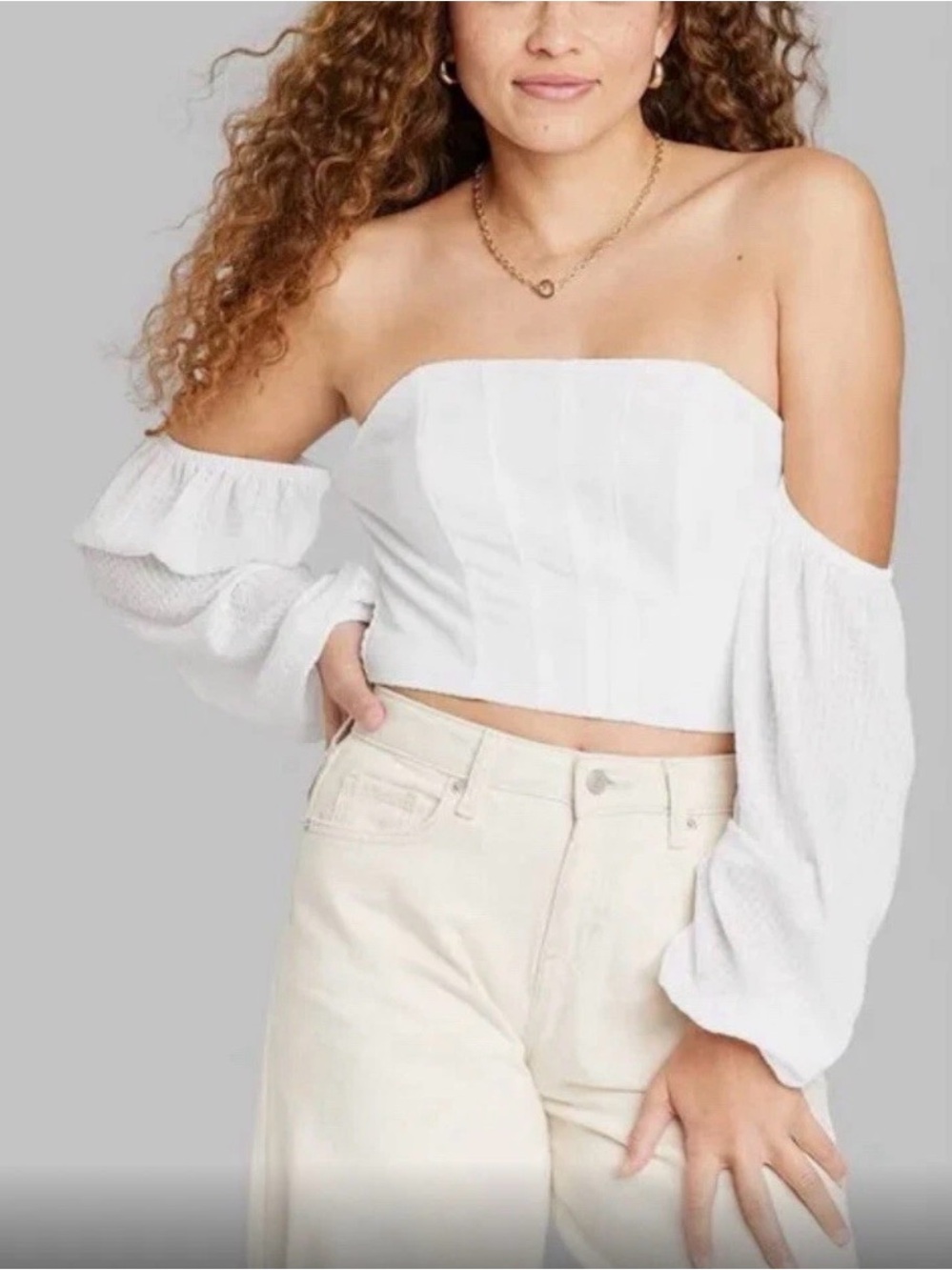 wild fable White Off-Shoulder Crop Top with Balloon Sleeves